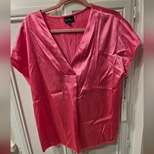 NWT Nicole Miller New York Women's Pink Satin V~Neck Blouse ~ Size Large